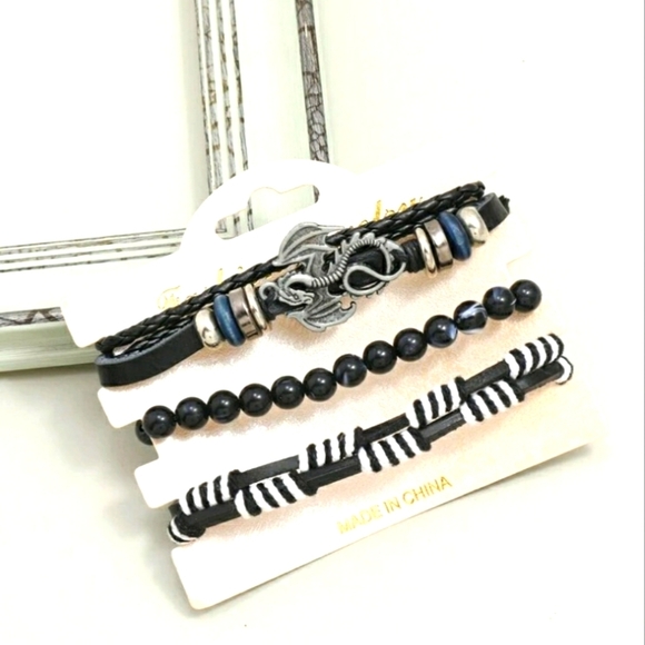 Silver Dragon bead and leather bracelet set bundle - Picture 3 of 4